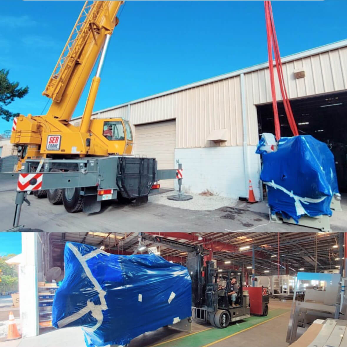 crane lifting blue package